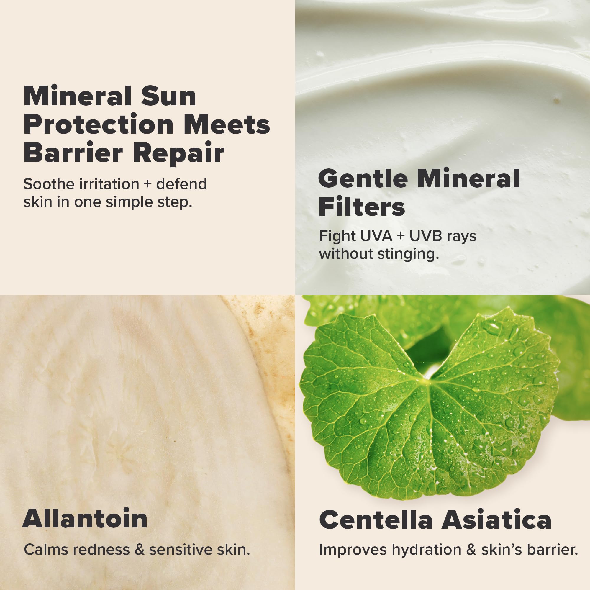 Aplicación diaria en rostro ofrece protección mineral UVA/UVB para piel sensible.
