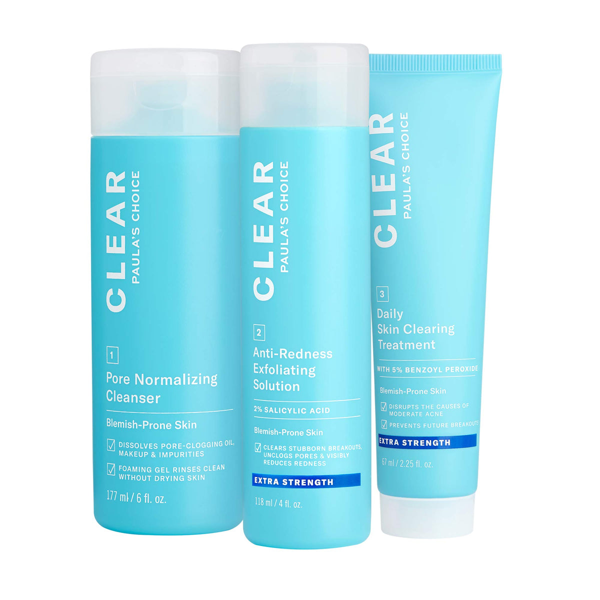 Paula's Choice Clear Extra Strength Acne Kit — bouteille pompe, soin ciblé contre les boutons.