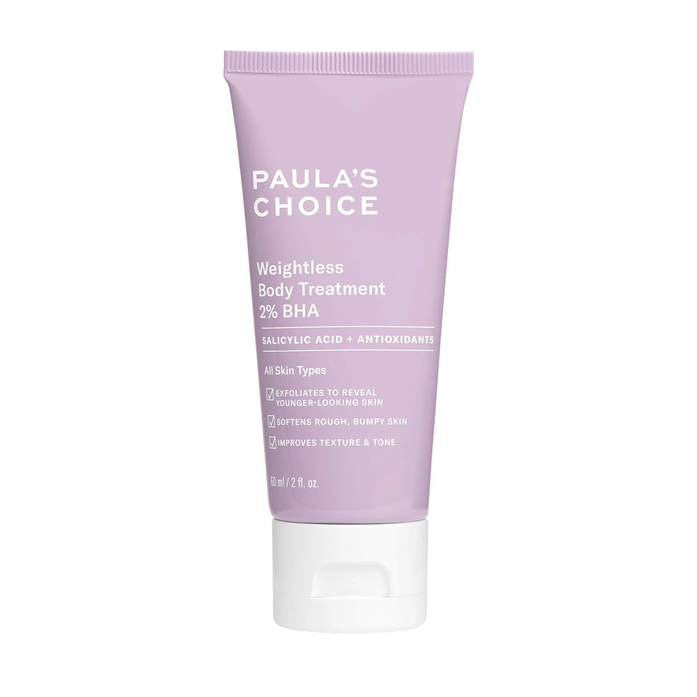 Paula's Choice Weightless Body Treatment bottle front, fragrance-free for KP-prone skin