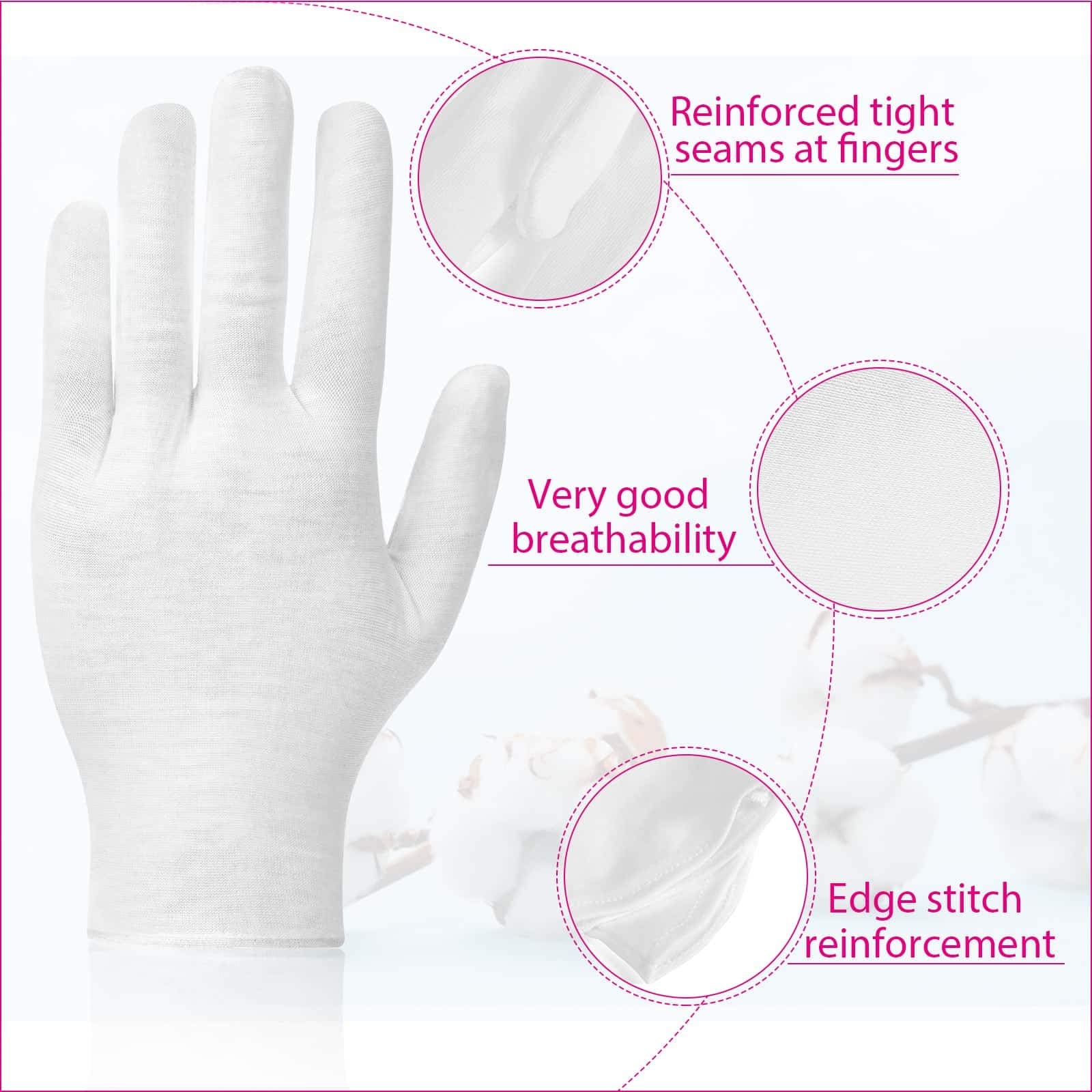 Guantes Paxcoo de algodón blancos, lavables y reutilizables para cuidado de manos.