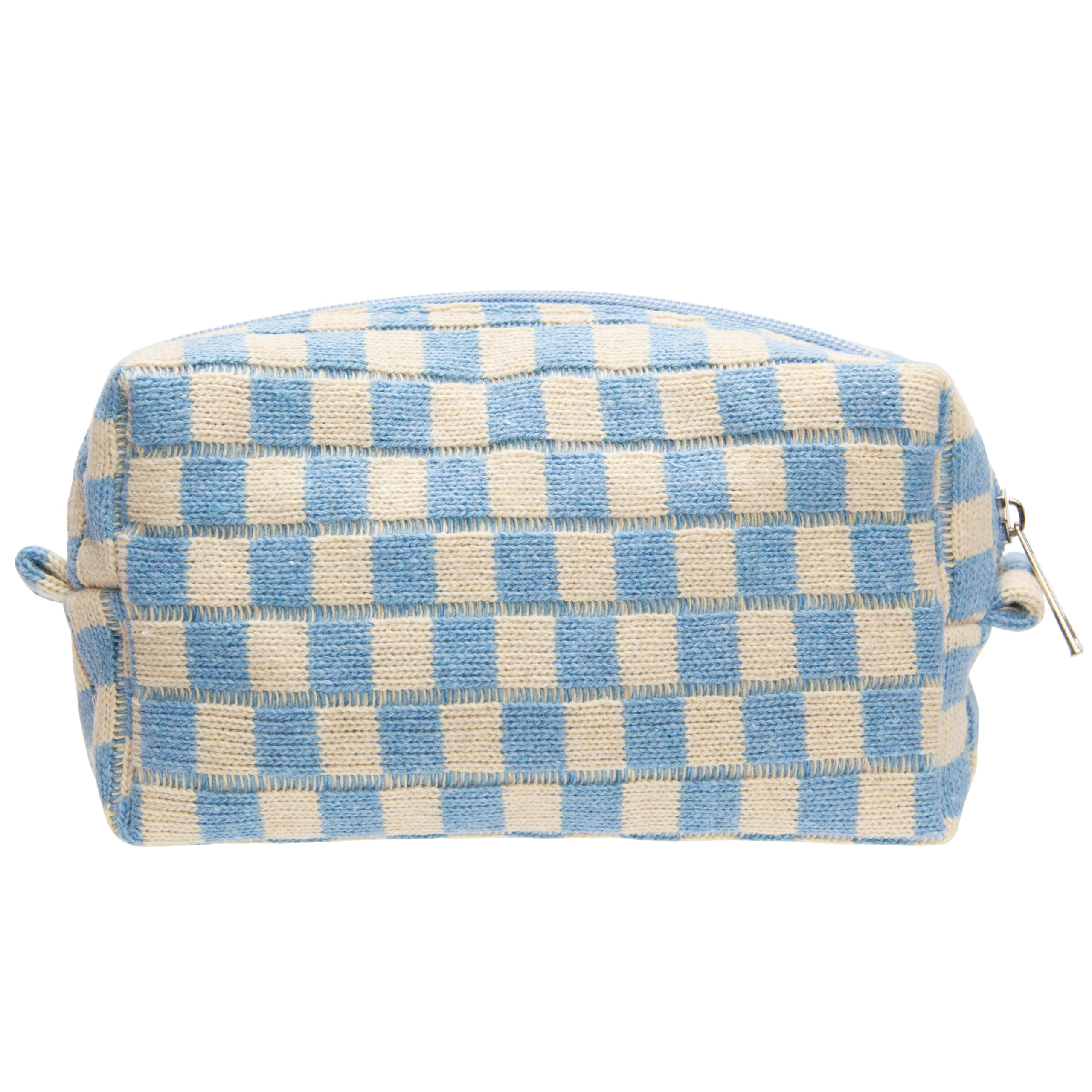 PAZIMIIK bolso maquillaje cuadros azul-beige frente, ideal para organización rápida en viajes.