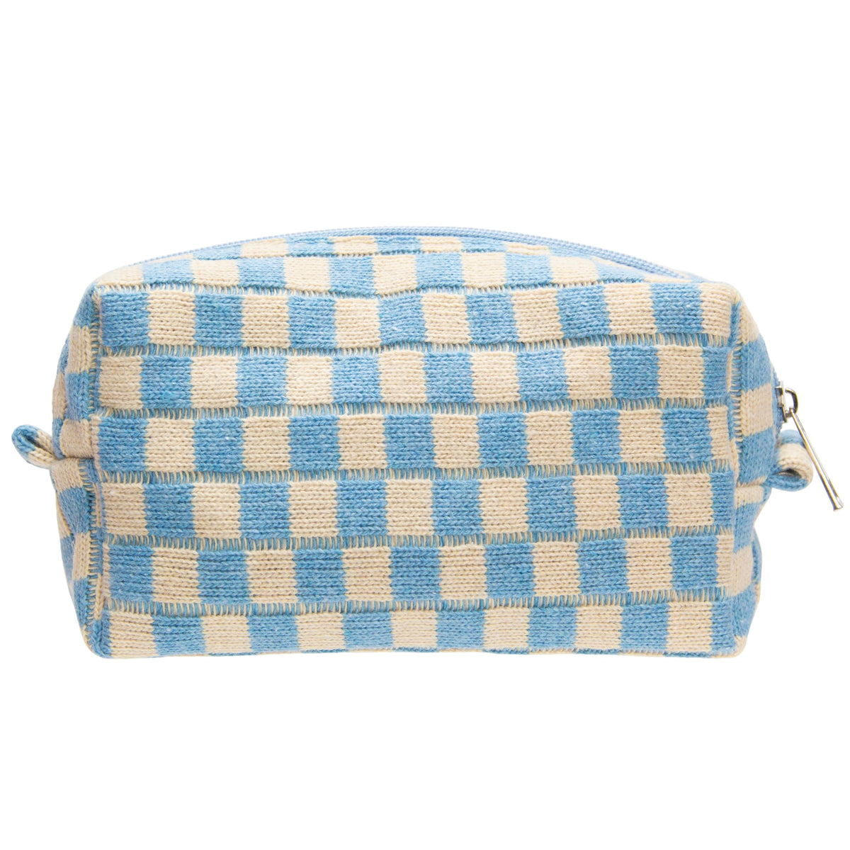 PAZIMIIK bolso maquillaje cuadros azul-beige frente, ideal para organización rápida en viajes.