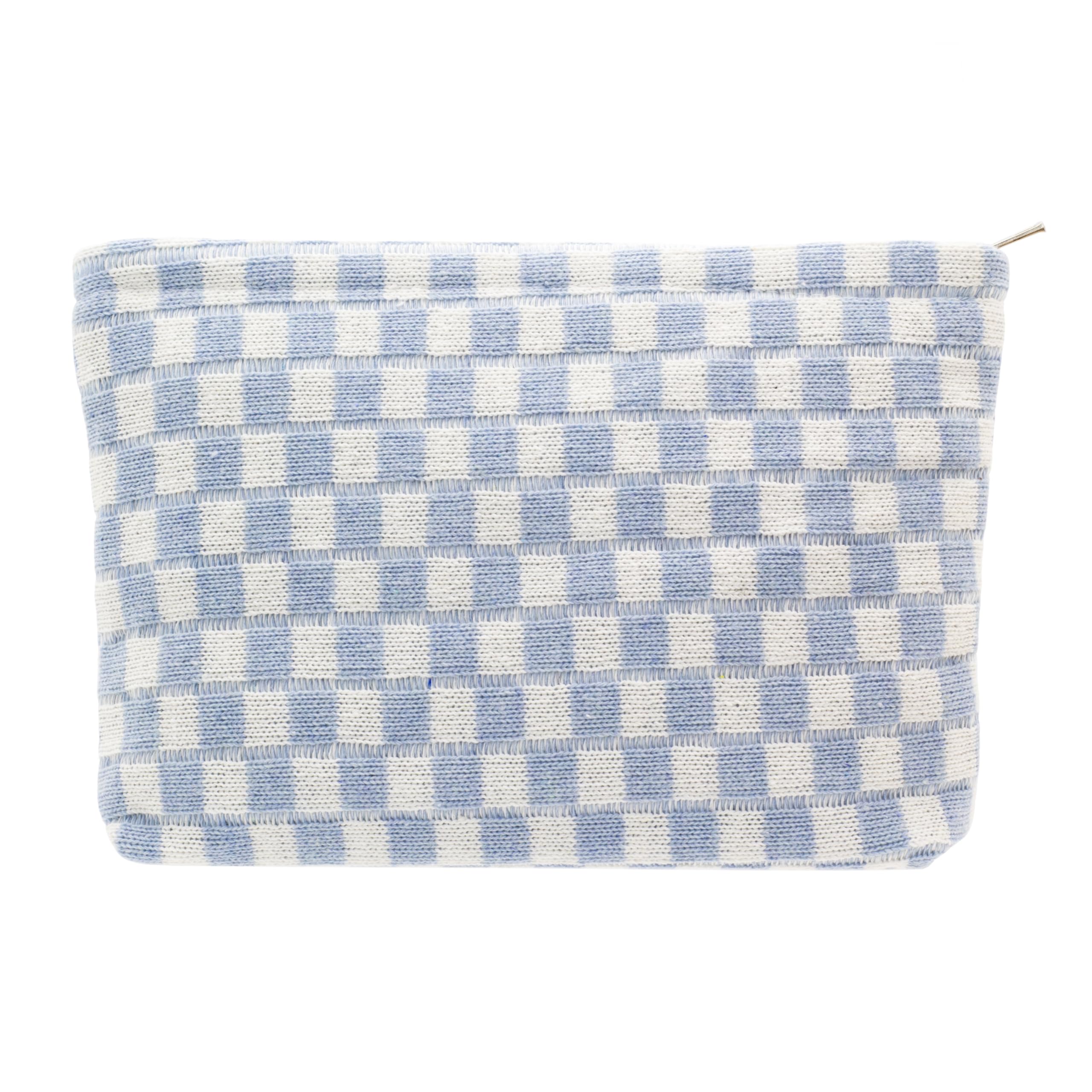PAZIMIIK bolsa maquillaje grande a cuadros tejido azul, ideal para viaje diario