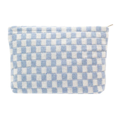 PAZIMIIK bolsa maquillaje grande a cuadros tejido azul, ideal para viaje diario