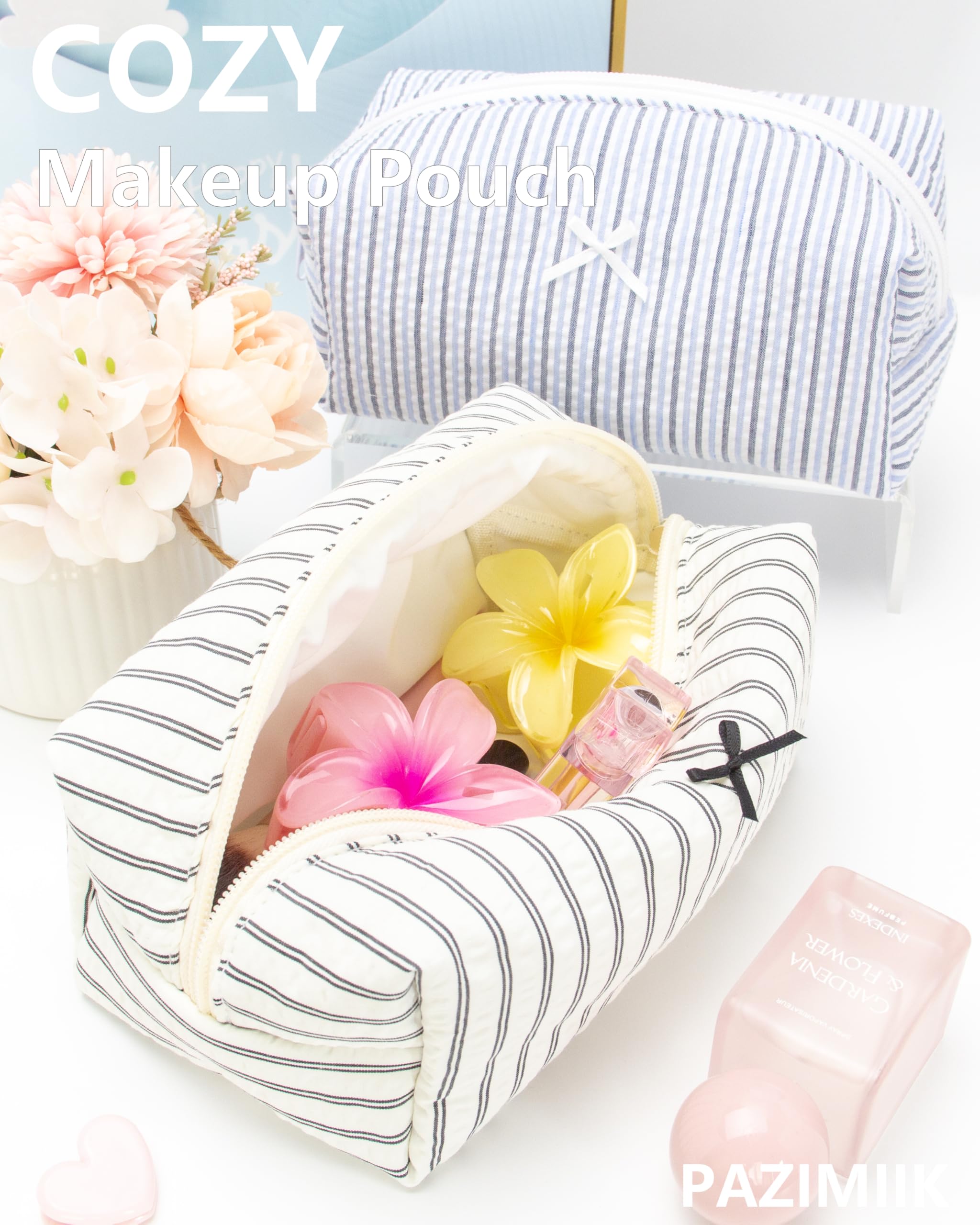 PAZIMIIK Cozy Bolso Maquillaje, detalle stripe negro, ideal regalo práctico.