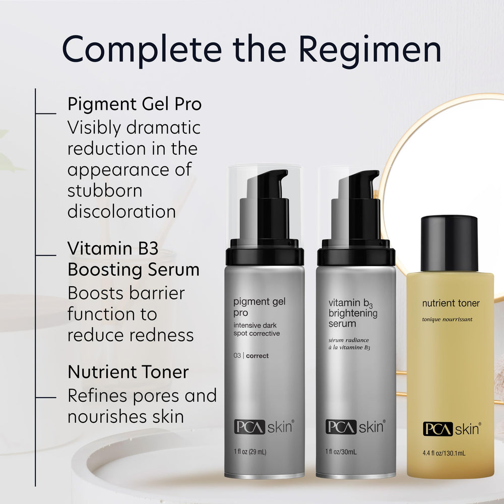 PCA SKIN Pigment Gel Pro, parte de la rutina diaria para mayor claridad.