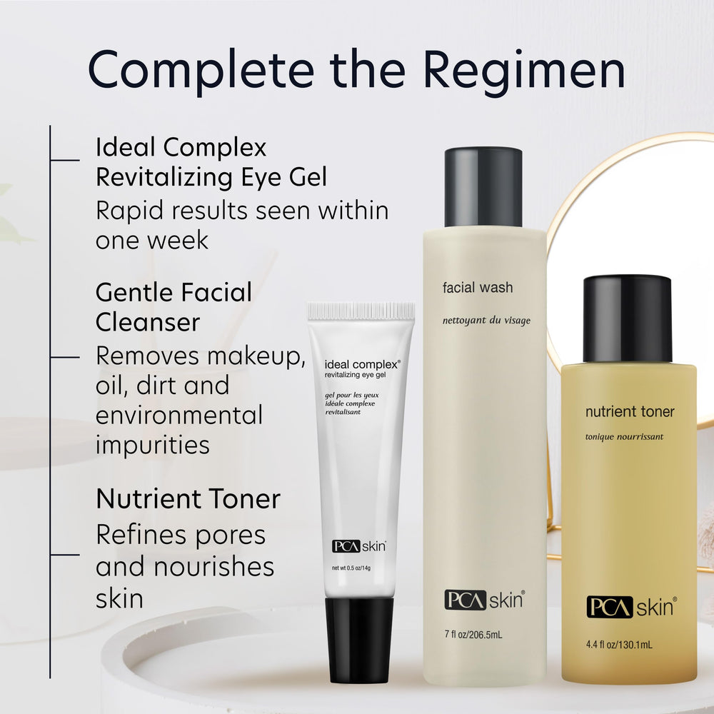 Routine quotidienne intégrant le Sérum Yeux PCA Skin pour soin ciblé.
