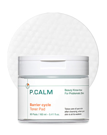 P.CALM Barrier Cycle Toner Pad: caja elegante para piel sensible.