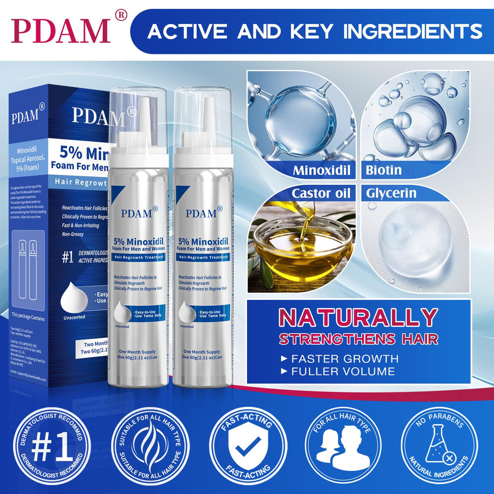 Minoxidil de Pdam para cabello adelgazado en el cuero cabelludo, efecto visual de densidad.