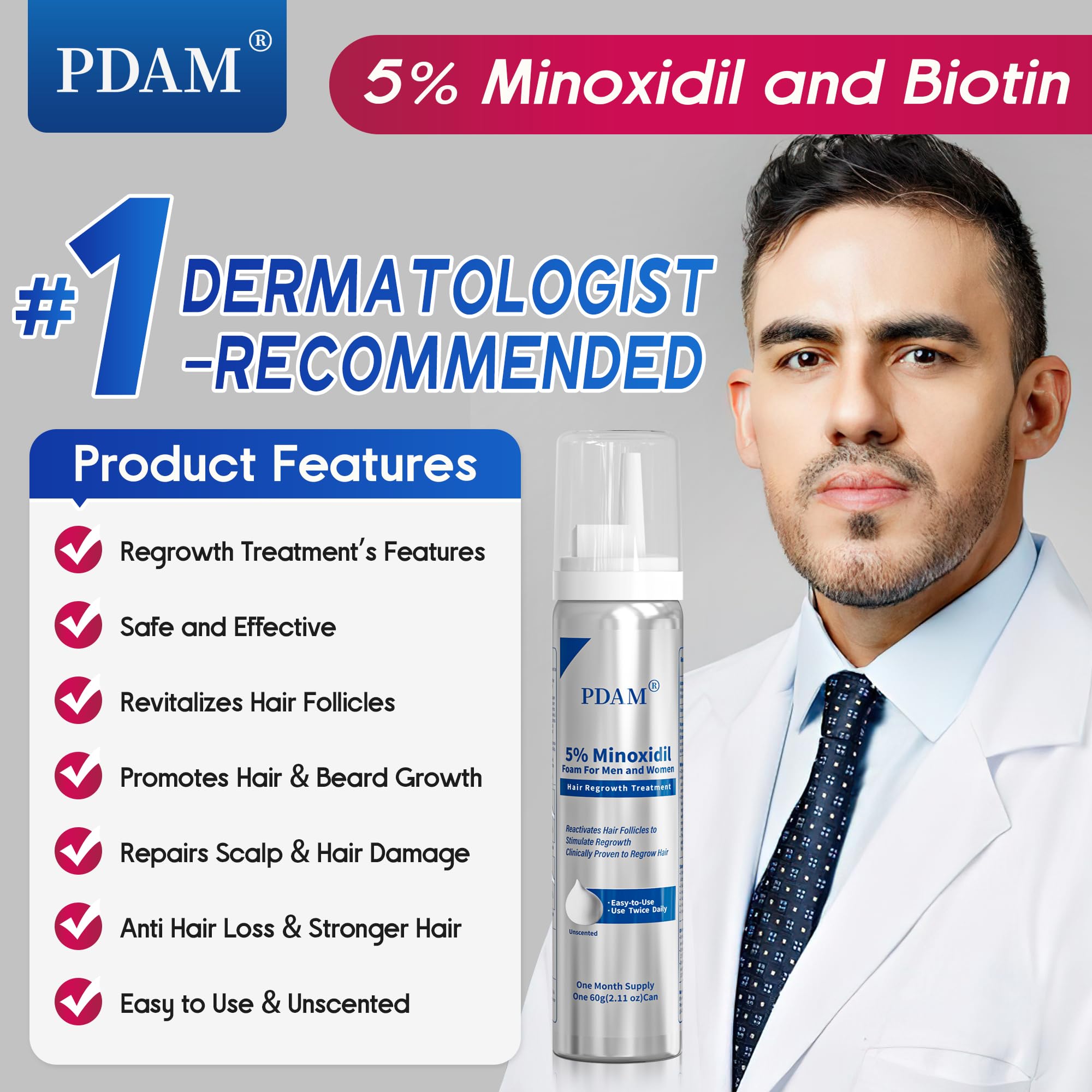 Pdam Minoxidil espuma, crecimiento de barba progresivo con aplicación regular.