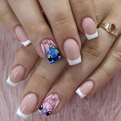 PDFADSK uñas frances con diseño de dibujos, corto y cuadrado, listas para lucir en cualquier ocasión