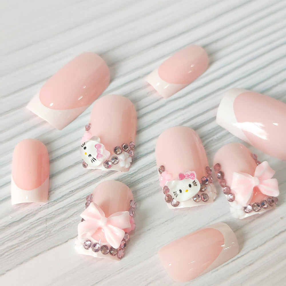 PDFADSK uñas francesas con lazo rosa, adorno único para looks diarios.