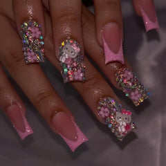PDFADSK uñas francesas rosas con purpurina en puntas, look elegante y duradero.
