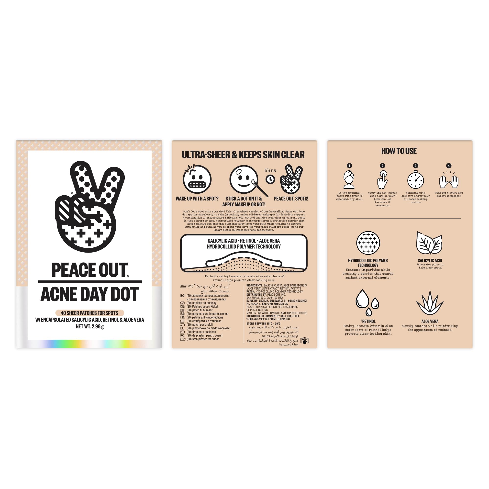 PEACE OUT Day Dot diseño hidrocoloide, absorbe impurezas superficiales sin textura.