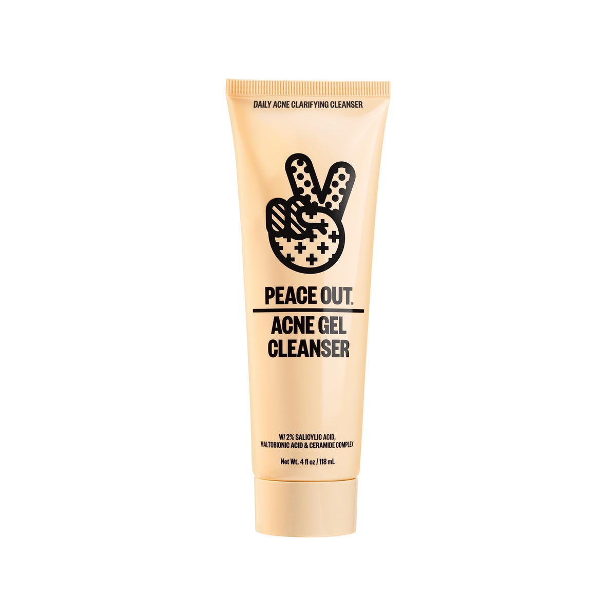 PEACE OUT Acne Gel Cleanser, botella, ritual diario para poros limpios y piel equilibrada.