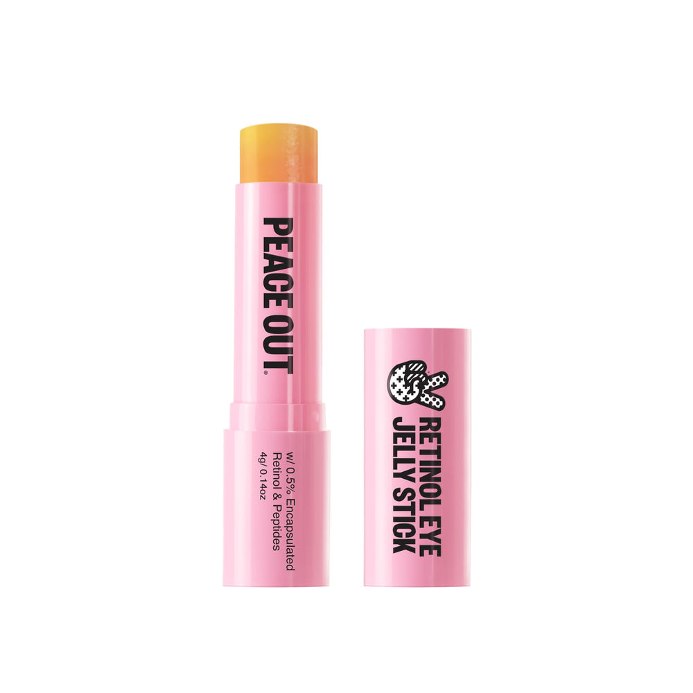 Peace Out Retinol Eye Jelly Stick bottle closeup highlighting premium packaging and night-time care