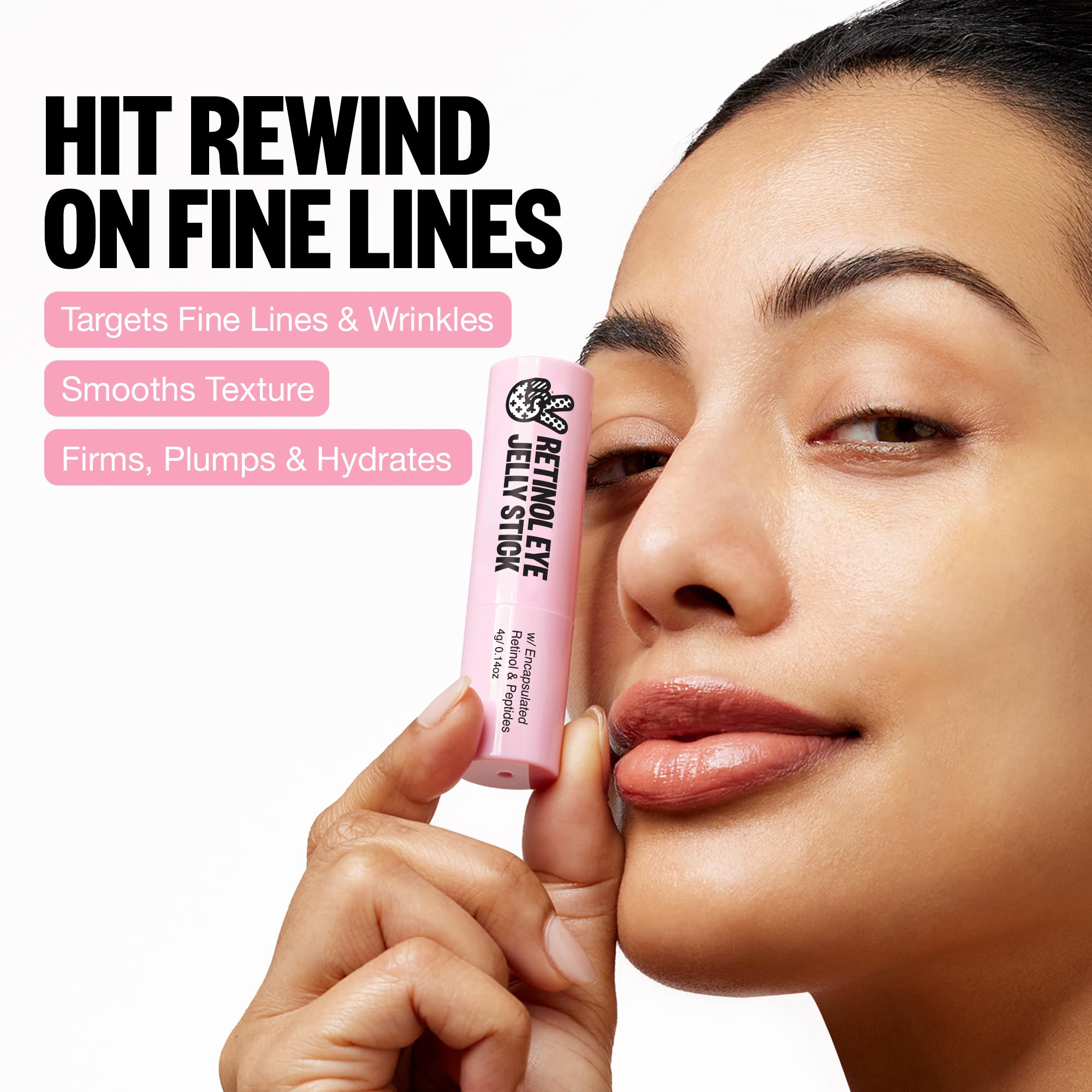 Peace Out Retinol Eye Jelly Stick near the under-eye area signaling hydration boost for smoother texture