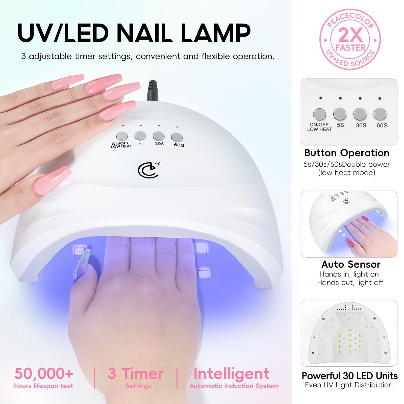 Lámpara UV PEACECOLOR con 30 LED para curado rápido.