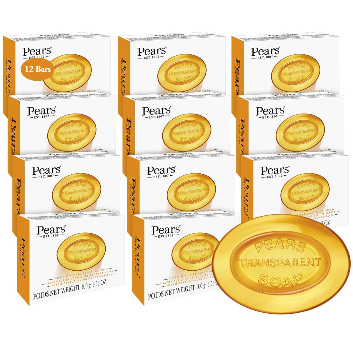 Pears jabon glicerina ambar transparente, hidrata y suaviza la piel durante el lavado.