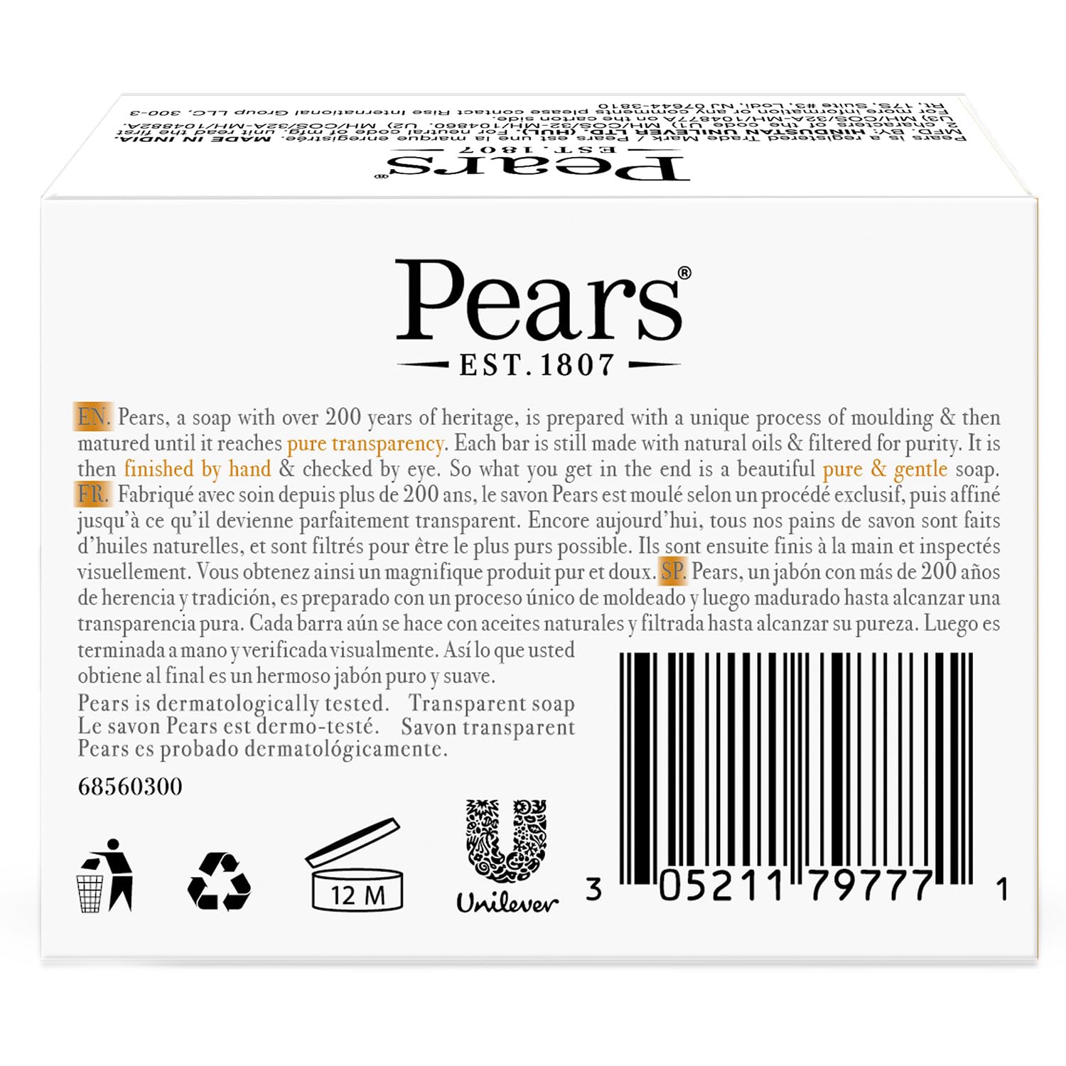 Pears pack 12unidades, opción práctica para uso diario en manos, cuerpo y rostro.