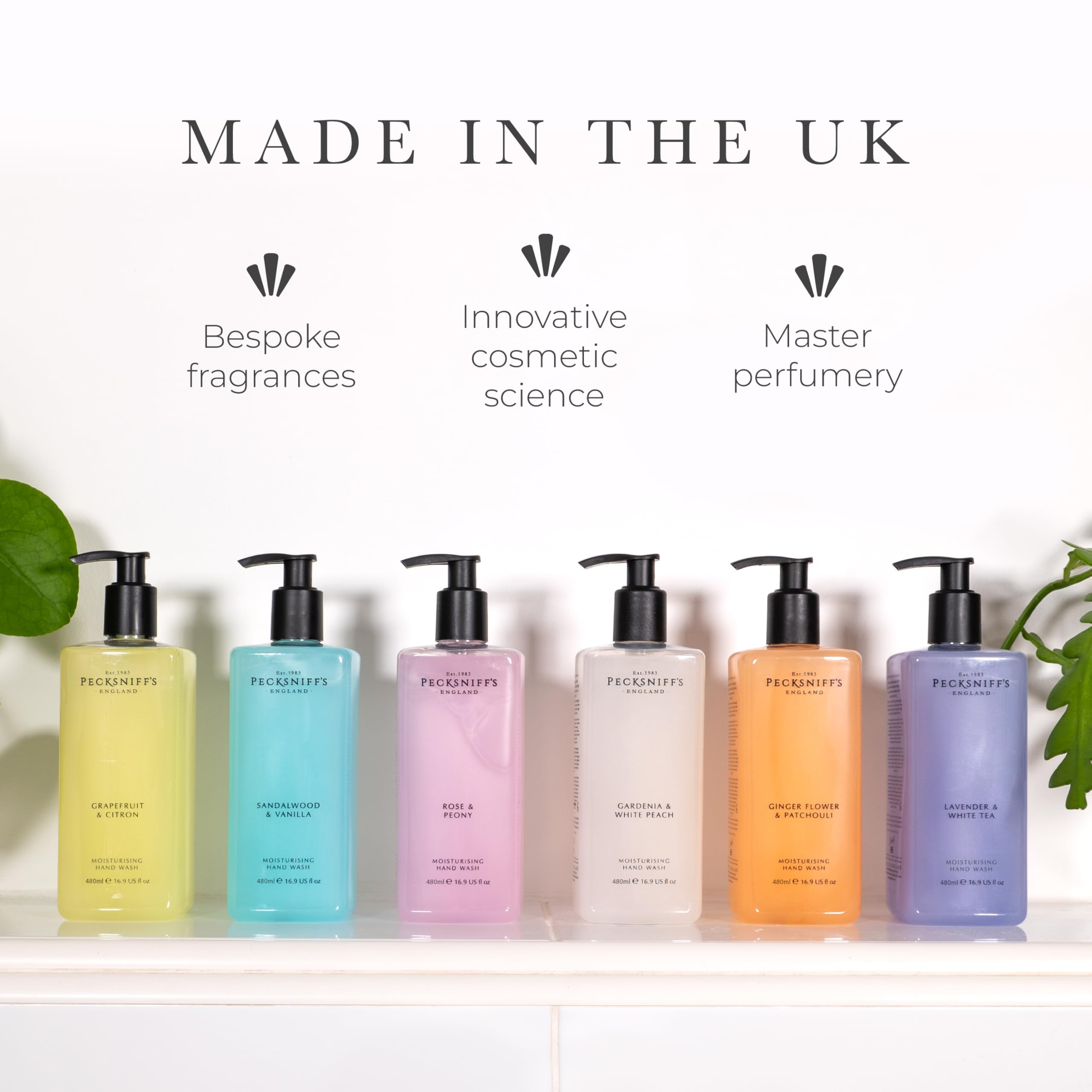 Elegant bathroom shelf featuring Pecksniff's Hand Wash as a refined detail.