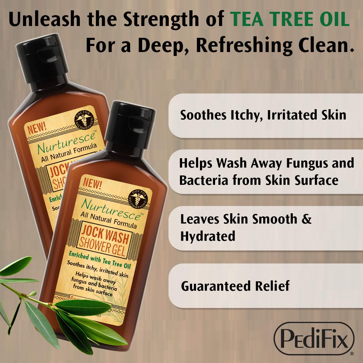 Pedifix Nurturesce, aceite de árbol de té realza el aroma herbal revitalizante.