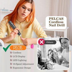 Pantalla de cristal líquido de la lima PELCAS muestra velocidades para uñas naturales o acrílicas.
