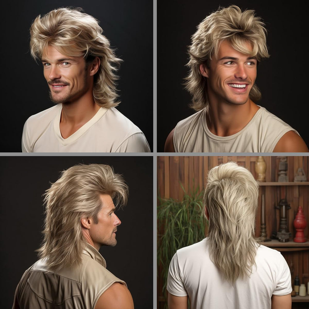 Peluca mullet rubia genérica, vista lateral; perfecta para estilos retro.