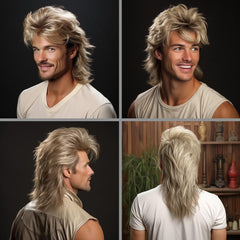 Peluca mullet rubia genérica, vista lateral; perfecta para estilos retro.