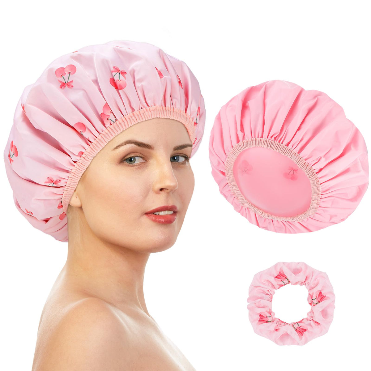 Gorro Pengxiaomei doble cara con cereza; protege el cabello durante la ducha.