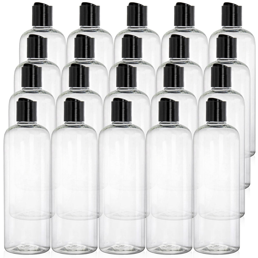 Botellas Peohud transparentes de 16 onzas con disc top para almacenamiento seguro.