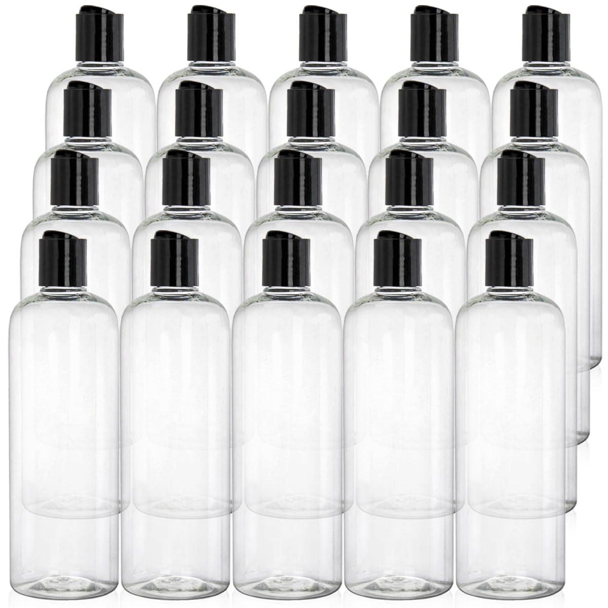 Botellas Peohud transparentes de 16 onzas con disc top para almacenamiento seguro.