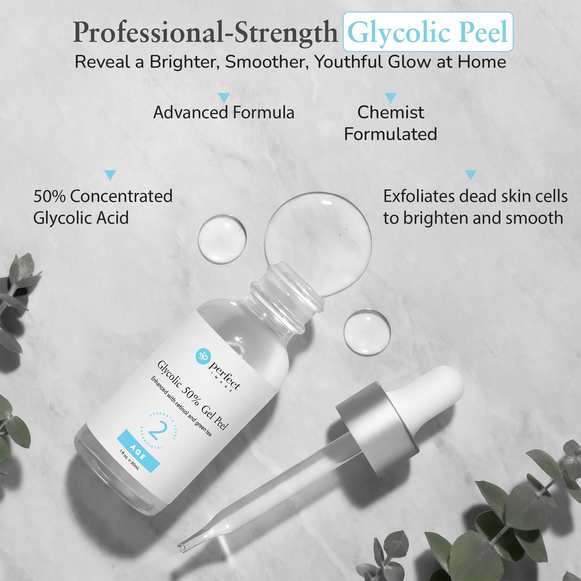 Perfect Image Glycolic 50% Gel Peel en envase, etiqueta clara para uso profesional