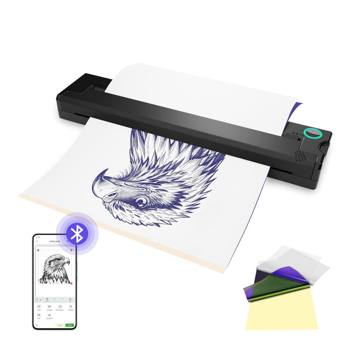 PeriPage P90 imprime plantillas de tatuaje portátil para sesiones rápidas.