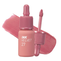 Peripera Ink the Velvet Lip Tint Strawberry Nude swatch showing vivid color and smooth texture.