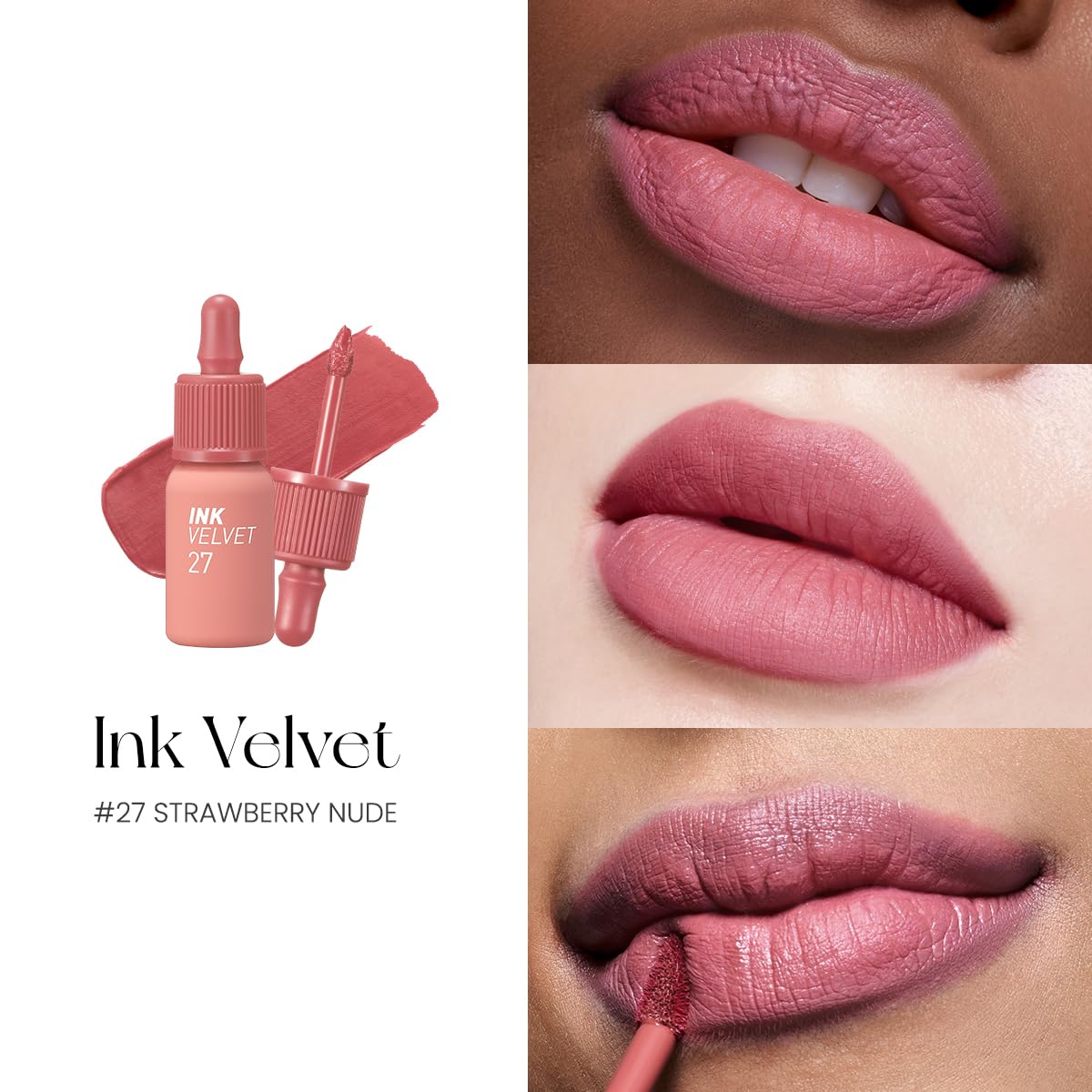 Peripera Ink the Velvet Lip Tint Strawberry Nude on lips demonstrates long-wear stain.