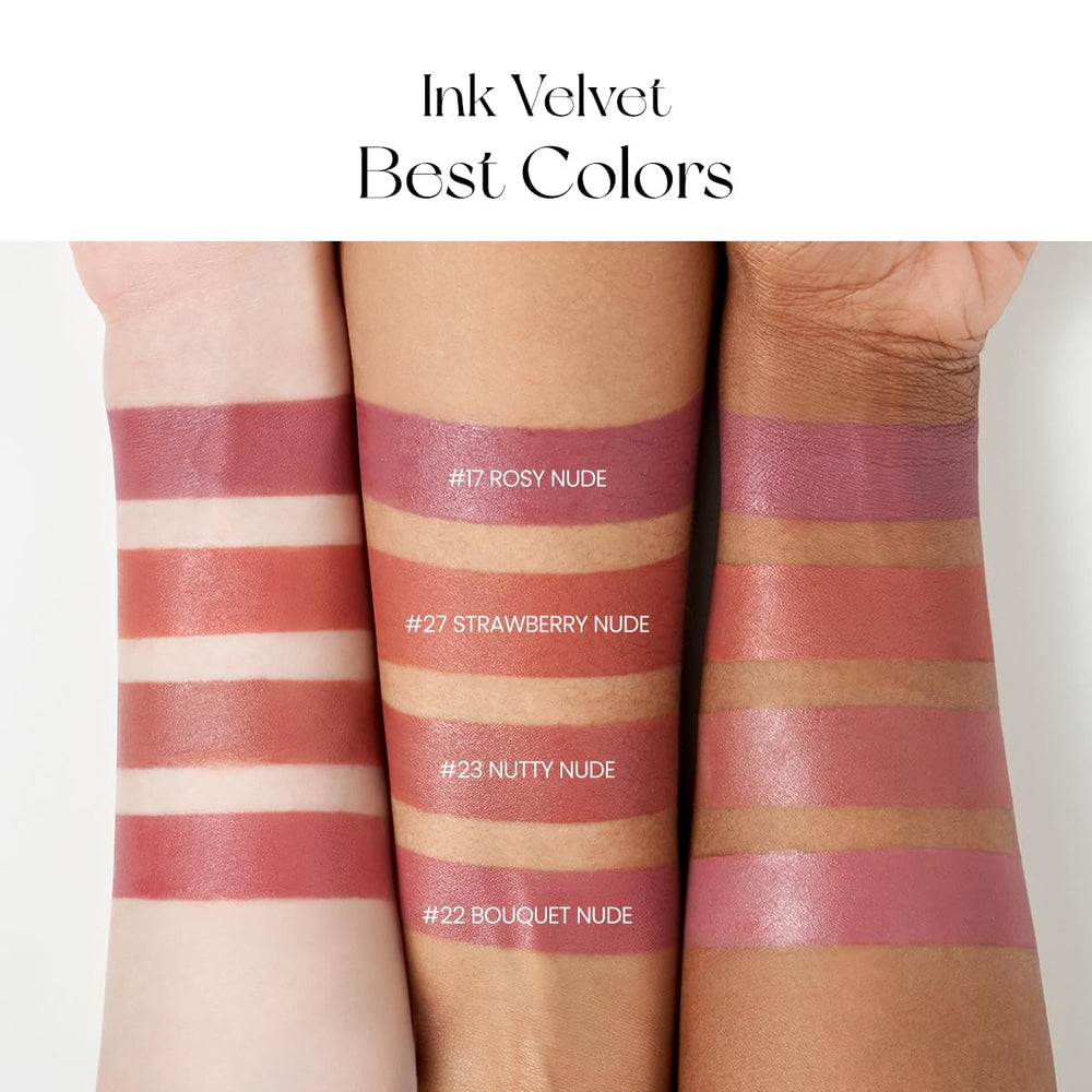 Peripera Ink the Velvet Lip Tint Strawberry Nude on lips with velvet finish.