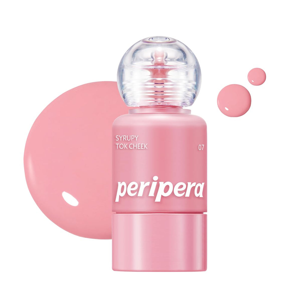 Peripera Syrupy Tok Cheek airy pink bottle dispense shows easy, hydrating application.