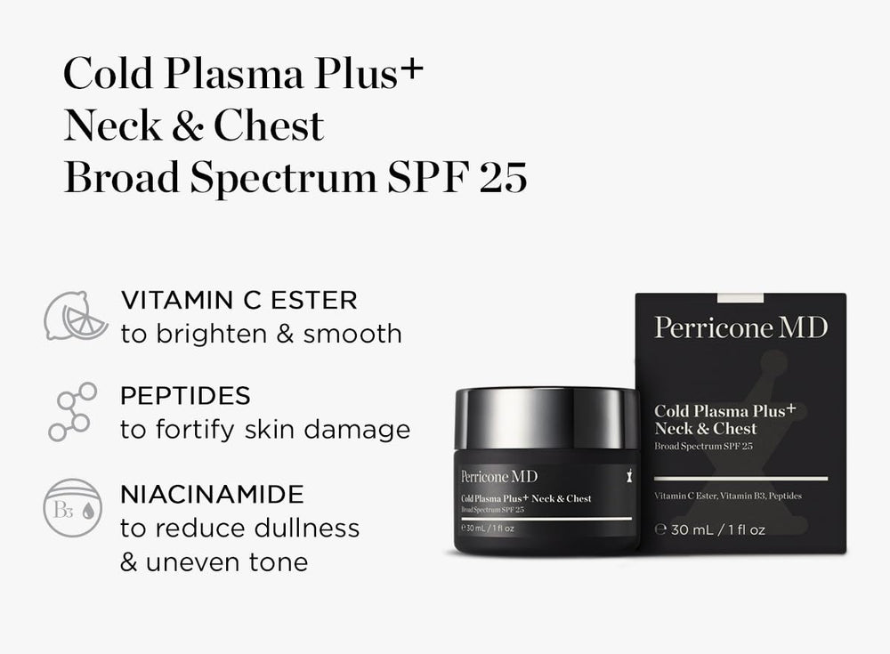 Aplicación diaria de Perricone MD Cold Plasma para piel suave en cuello.