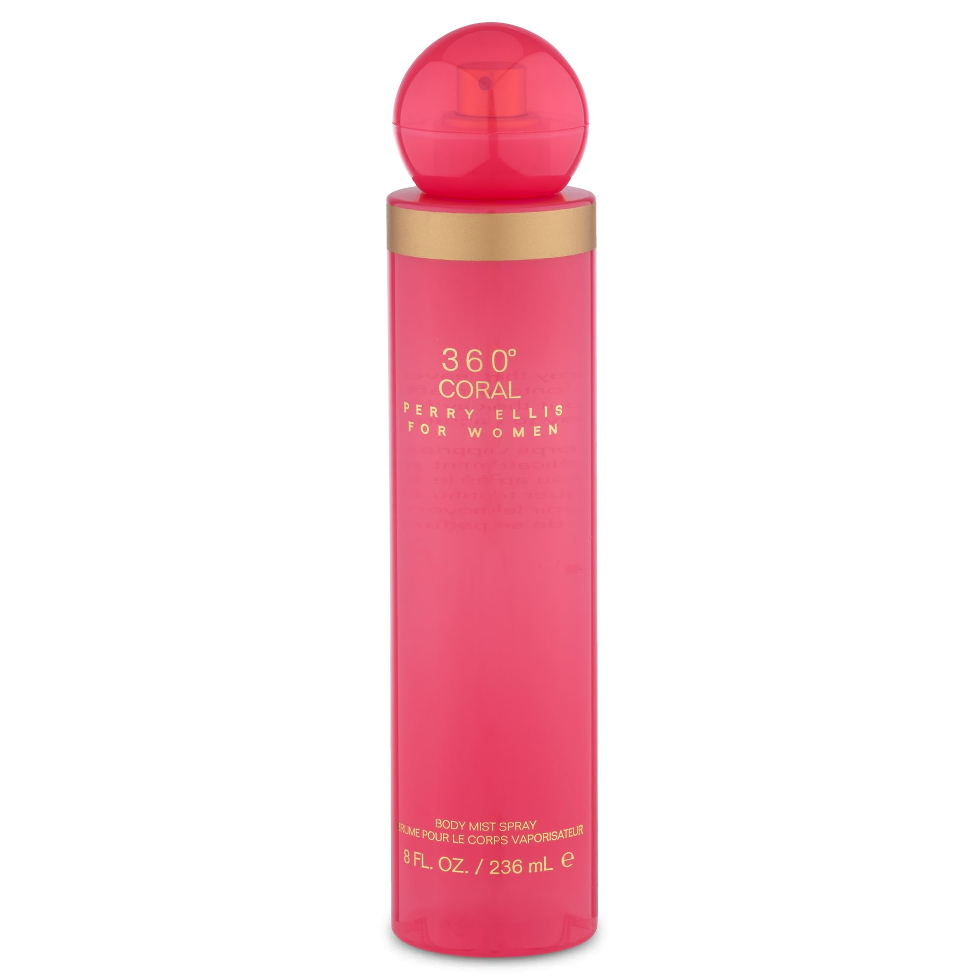 Perry Ellis 360° Coral, botella de bruma corporal para aroma floral y afrutado diario.