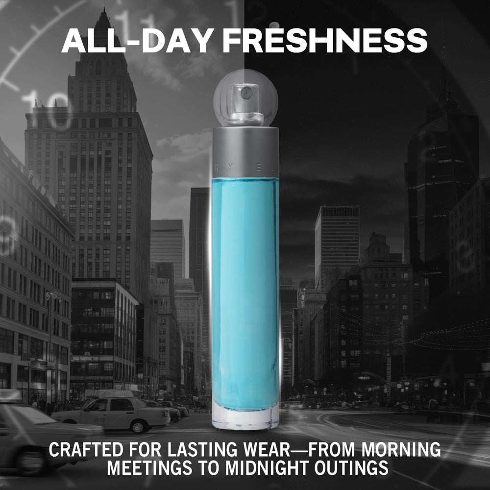 Perry Ellis 360° etiqueta detalle, diseño elegante de la fragancia.