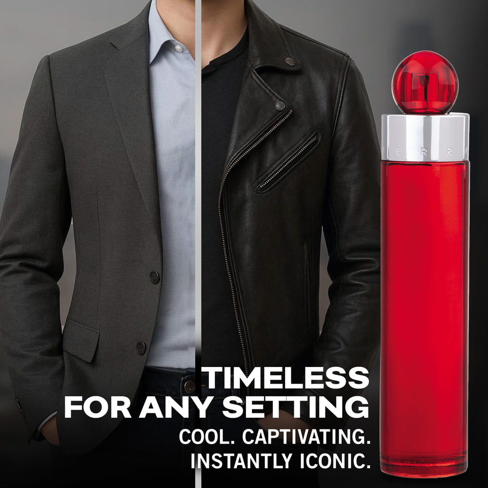Botella Perry Ellis 360 Red sobre mesa, estilo sobrio para oficina.