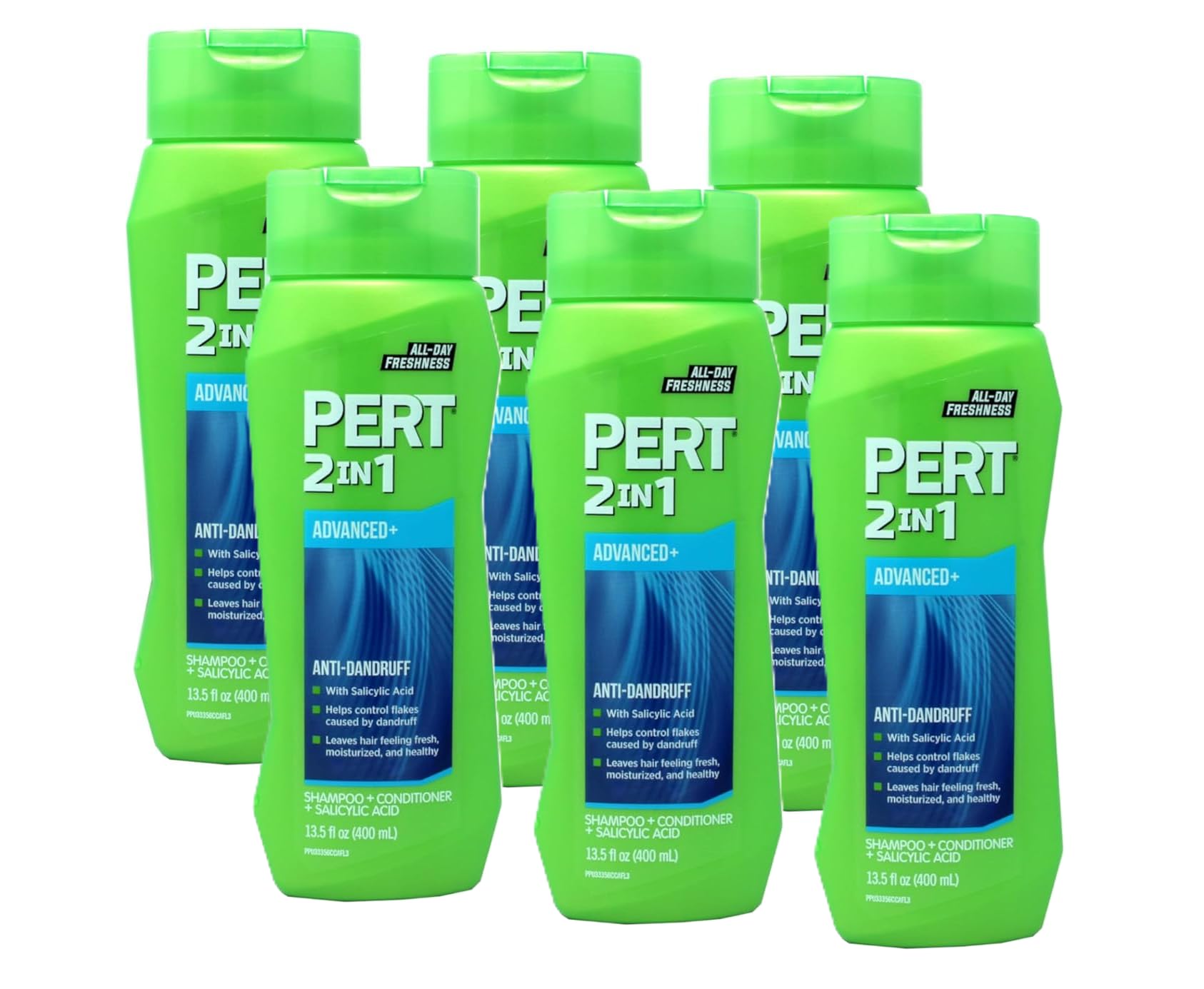 Pert dos en uno champú y acondicionador, botella visible, favorece limpieza y acondicionamiento