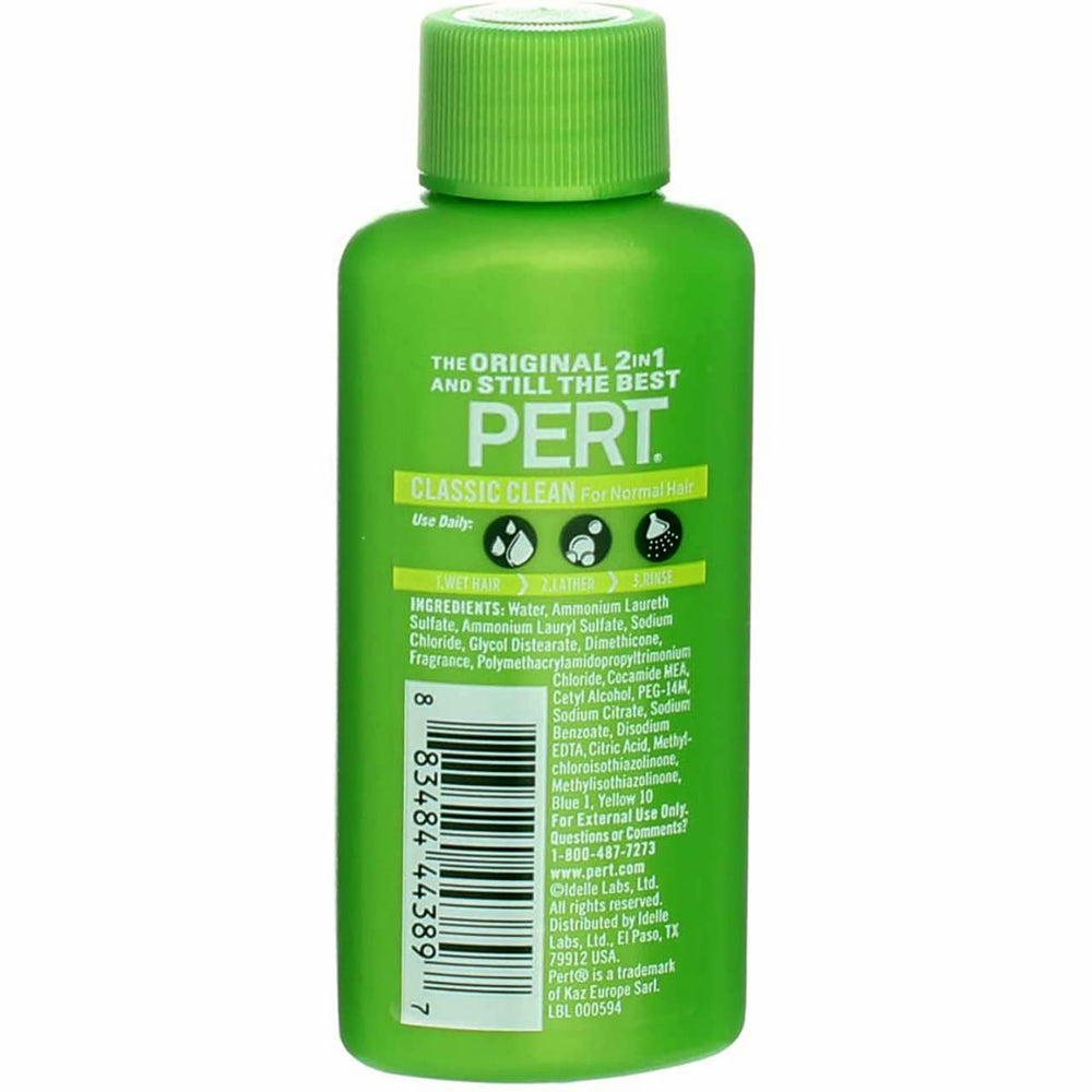 Pert Plus Happy Medium 2 en 1, etiqueta cercana, cabello saludable y brillo suave.
