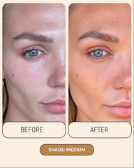 Peta Jane bruma bronceadora sin sol, rostro con brillo natural y dorado suave.