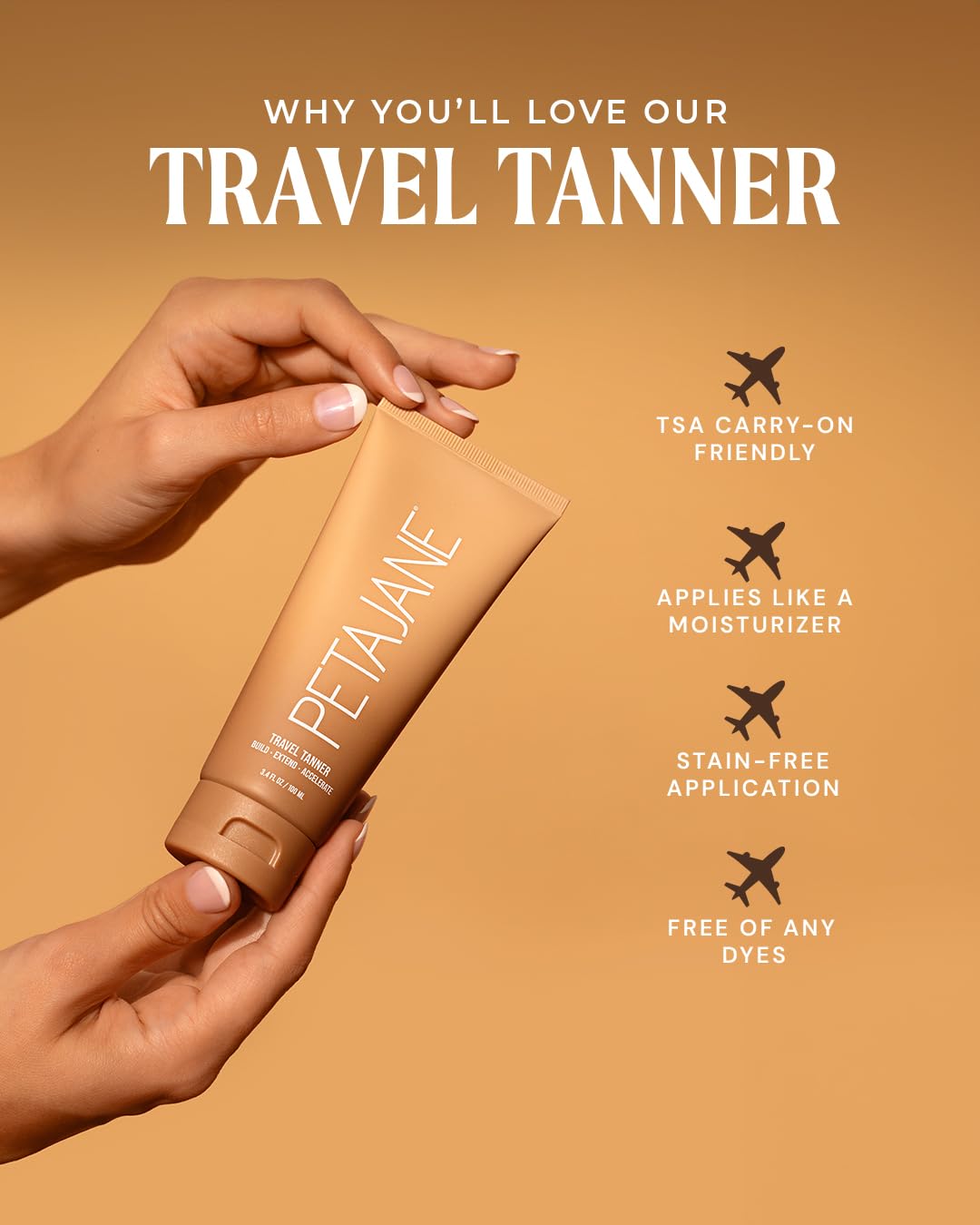 Peta Jane Tan Extender Lotion, textura ligera para uso diario sin sensación grasa.