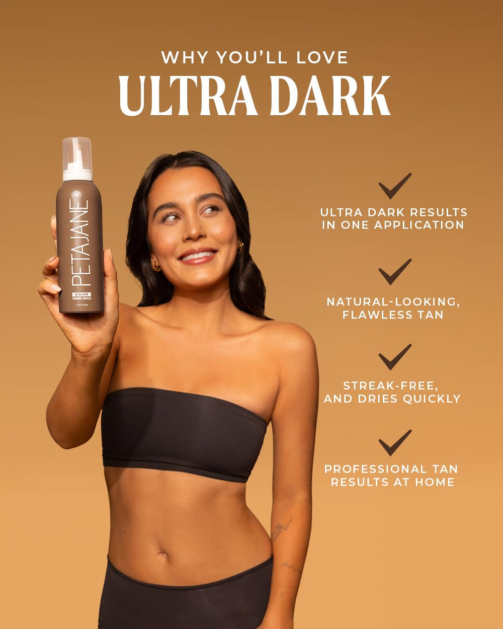 Aplicación rápida de Peta Jane Ultra Dark Mousse para un bronceado uniforme.