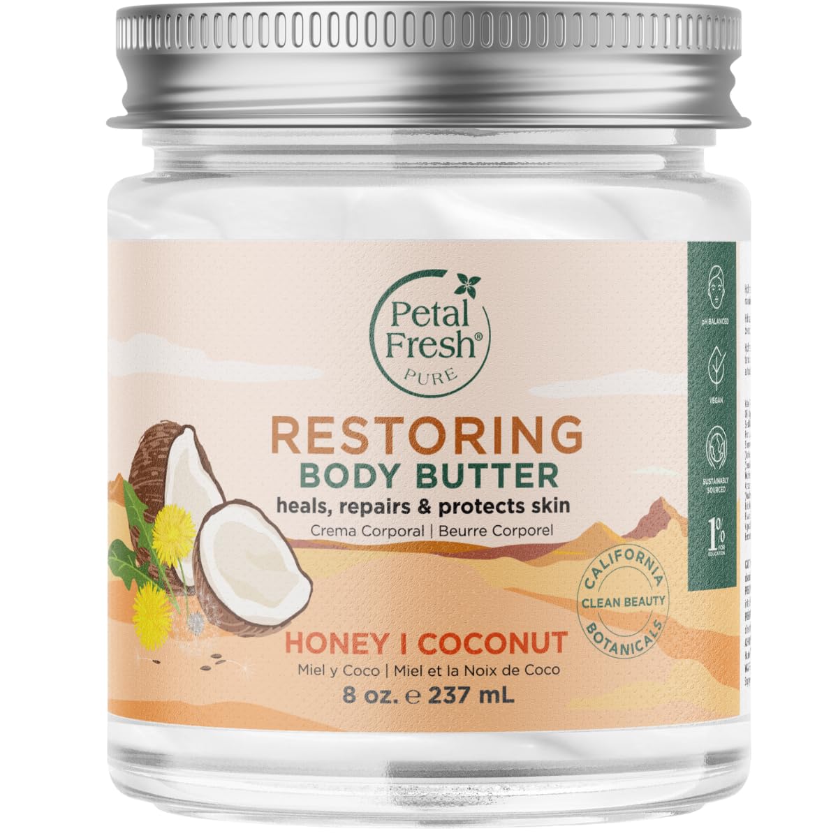 Petal Fresh crema corporal en envase con miel y coco, perfecta para cuidado diario