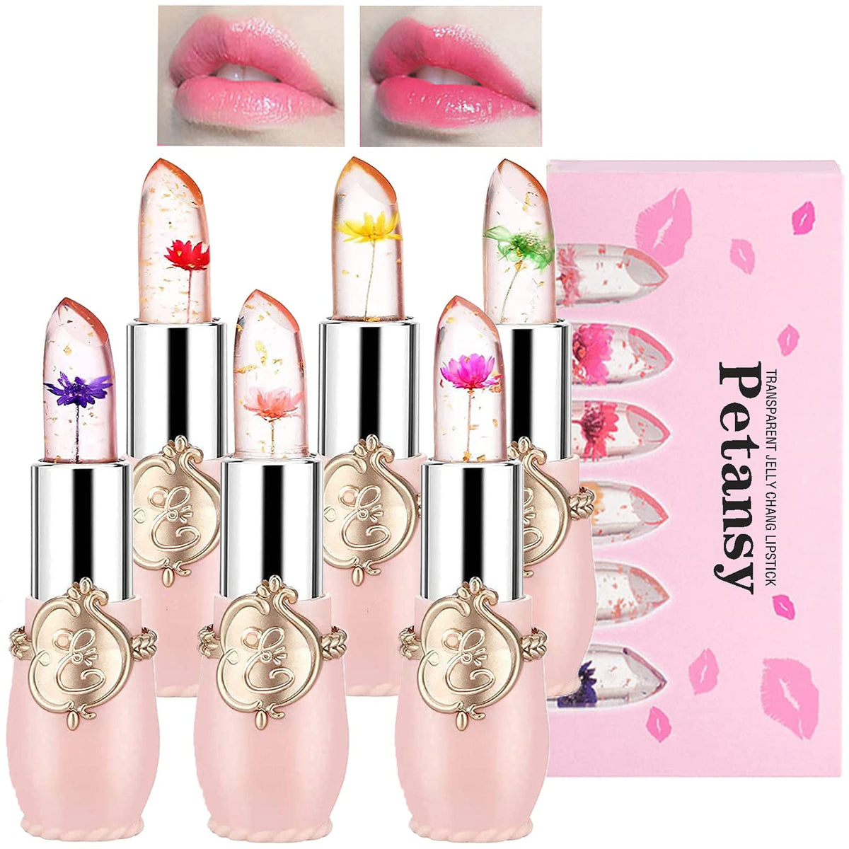 Petansy bálsamo labial cristal flor con color sutil y brillo duradero.