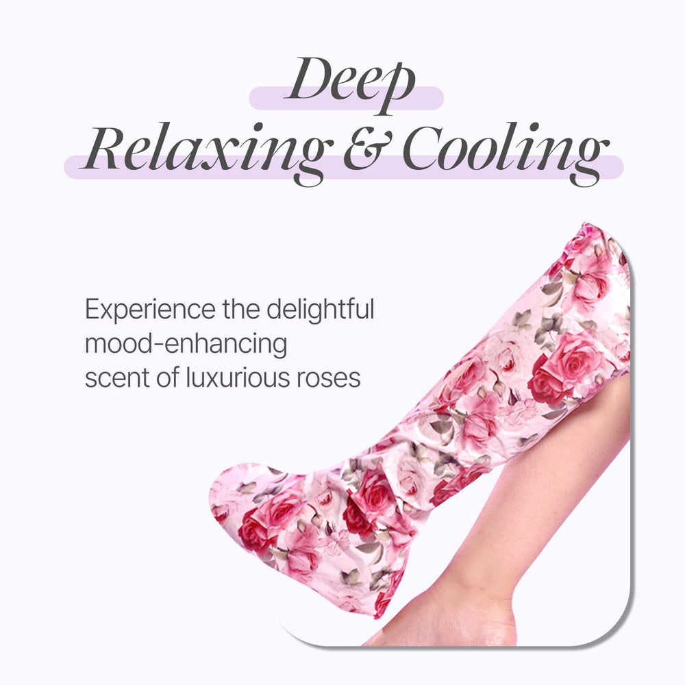 Petitfee Koelf Rose Petal Satin Leg Mask aplicación suave para alivio de piernas cansadas.